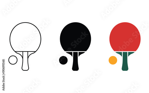 Three stylized icons of a table tennis paddle and ball.