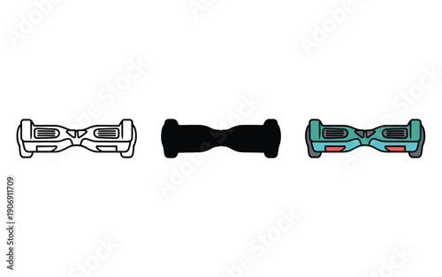 Three different styles of a hoverboard are shown in a linear arrangement against a white background.