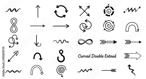 Black curved double ended arrows and symbols vector icons set, for infographic or presentation, isolated on transparent background, png