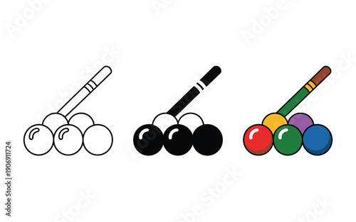 Illustration of billiard balls and cue stick in various styles.