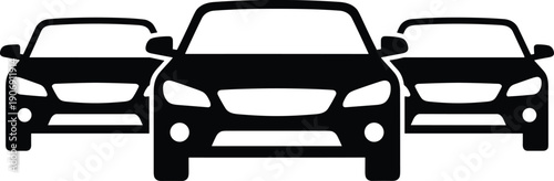 Three car front view silhouettes, modern automobile icons isolated on white background, transportation fleet concept for automotive branding design