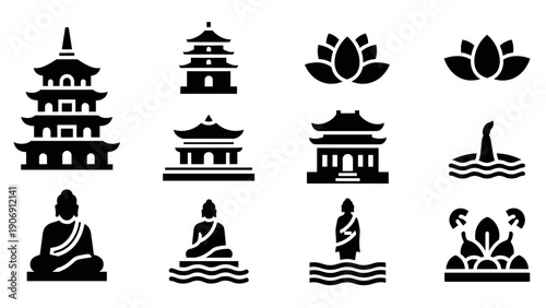 Silhouette icons of asian temples, buddhas, and lotus flowers for cultural design projects