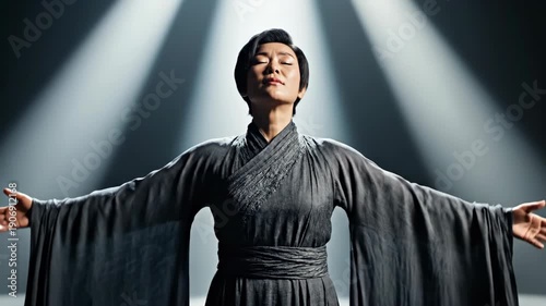 Asian Woman in Dramatic Lighting Expressing Inner Peace and Strength.