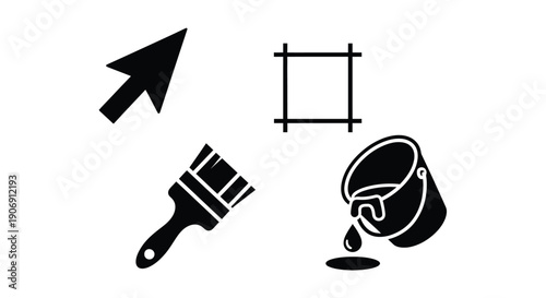 Graphic icons of a cursor, a frame, a paintbrush, and a paint bucket are arranged on a white background.