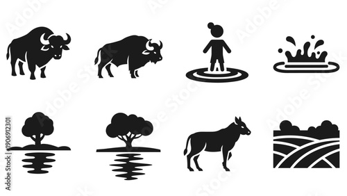 Silhouette icons of animals, landscapes, and activities in simple design