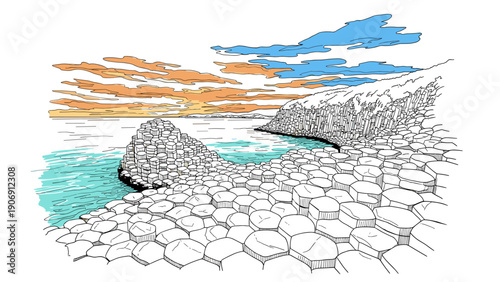 Geometric coastal landscape at sunset with basalt columns
