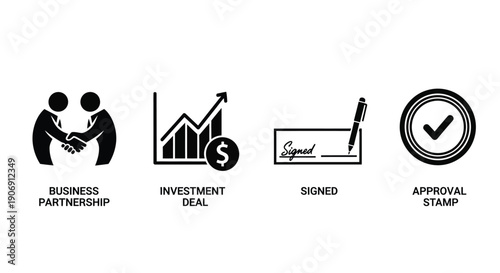 Icons representing business partnership, investment, signed agreement, and approval stamp.
