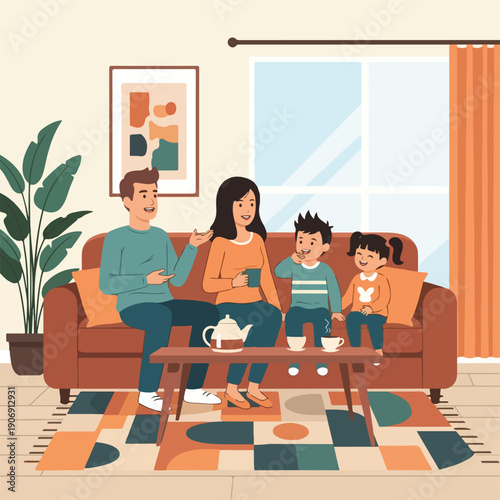 Illustration of a family enjoying tea together in their living room