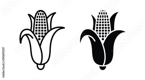 Single Vector Icon of a Corn Cob with Husk, Featuring Clean Line Art and Silhouette, Minimal Flat Vector Style for Agriculture, Food, and Organic Design.