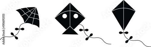 Colorful kite vector icons set, flying toy silhouette and outline collection, playful festival symbol group isolated on transparent background for kids and holiday design