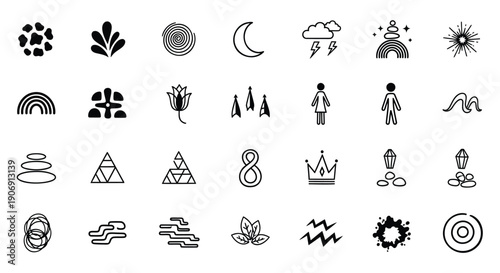 Vector icons of abstract symbols and mystical signs for spirituality or meditation, isolated on transparent background, png