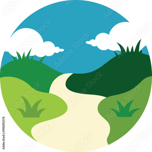Stylized landscape with winding path and rolling hills under blue sky Keywords: nature, landscape, path, road, winding, journey, green, hills