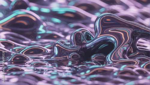 A vector illustration of the effect of a chaotic bubbling liquid with a spectrum of metallic hues and a neon glow.