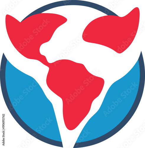 Stylized globe icon with red continents and blue oceans earth planet