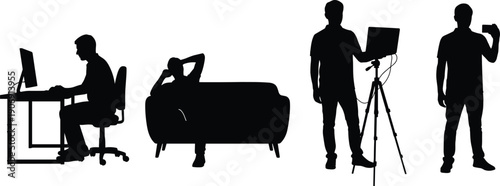 Silhouette, man, daily, activities, working, relaxing, filming, recording, lifestyle, routine, technology, home, office, leisure, productivity, concept, isolated, white, background, illustration