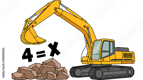 Cartoon excavator with rocks and mathematical equation on white background