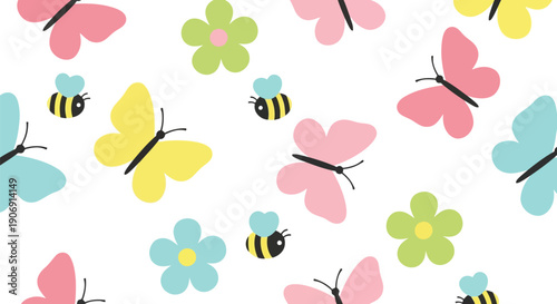 Spring butterfly and bee seamless pattern vector clipart with pastel flowers for kids design