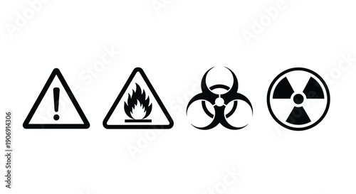 Four hazard symbols: general warning, flammable, biohazard, and radiation.