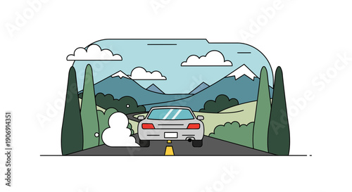 A silver car driving on a road with trees and mountains in the background travel concept.