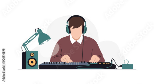 A person wearing headphones is focused on a music mixing console in a studio environment.