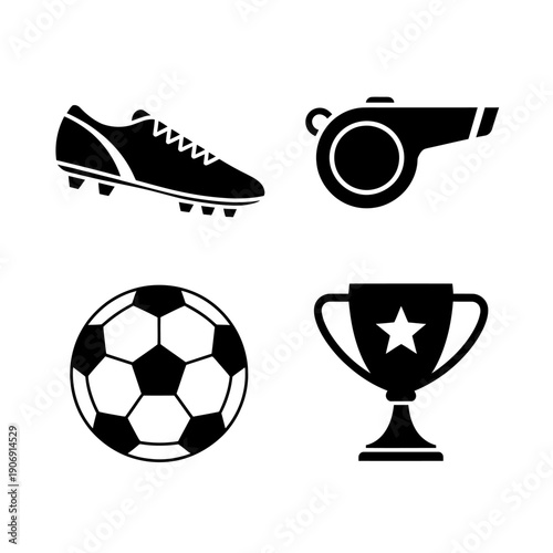 Soccer cleat whistle ball trophy sports equipment icons set