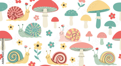 Cute snail and mushroom seamless pattern vector clipart for kids, spring, nursery, and fabric design