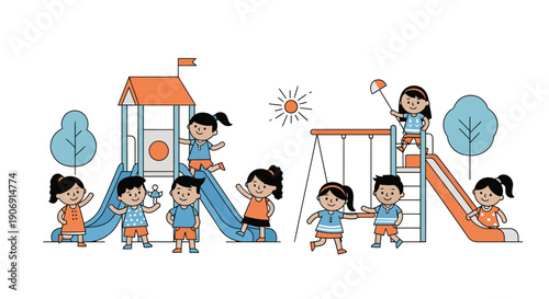 Children playing on a colorful playground enjoying outdoor activities and having fun together.