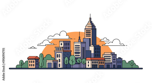 Cityscape illustration featuring various buildings and structures against a sunset backdrop.