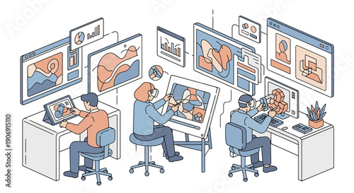 Creative professionals working on digital art and design projects with technology.