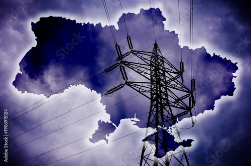 Electricity crisis in Ukraine, silhouette of countrie above power lines