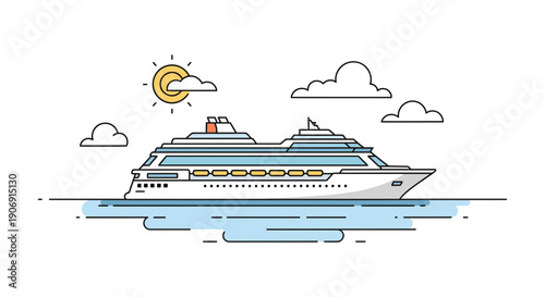 Cruise ship sailing on the ocean under a sunny sky with clouds travel concept.