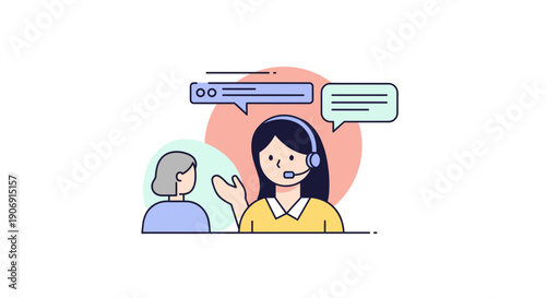 Customer service representative assisting a client with a headset and speech bubbles.