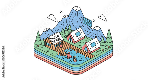 Digital detox concept with cabins and mountains escape from technology.