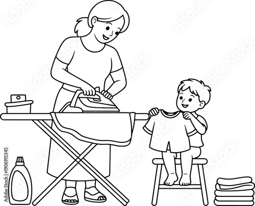 Woman ironing clothes with a little boy helping her