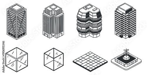 A collection of computer hardware cabinets with various components and setups in a detailed outline vector style, ideal for technology illustrations
