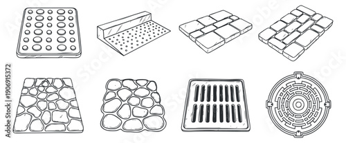 A collection of eight geometric patterns in black and white minimalist vector style, ideal for textile and graphic design