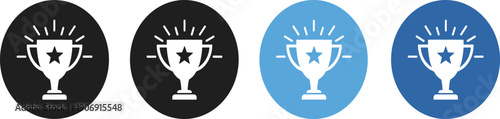 Circular trophy icon set featuring star award symbols in black, white, and blue backgrounds, representing achievement, success, gamification, and recognition graphics
