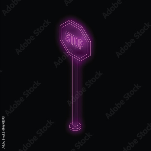 Glowing neon purple isometric stop sign on a black background