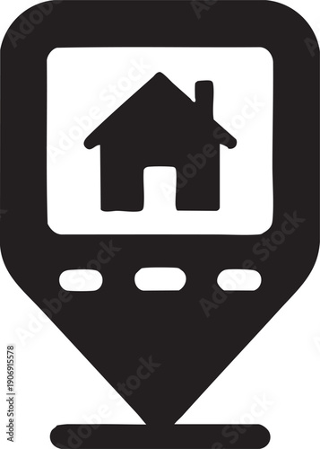 Black GPS Pin Map Icon with House Symbol Isolated on White Background Silhouette