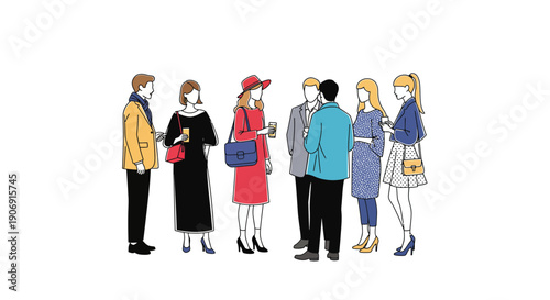Group of diverse people in stylish outfits socializing and conversing together.