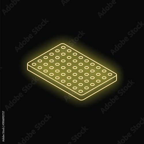 Neon icon of an orthopedic mattress glowing yellow against a black background