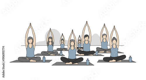 Group of people practicing yoga in a studio for wellness and health.