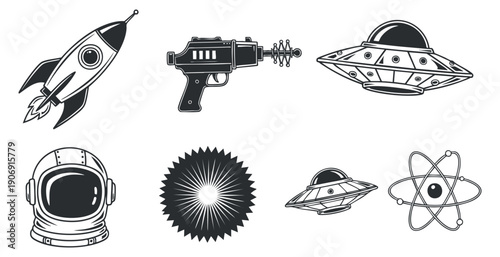 A collection of winter-themed illustrations including a snowman, mittens, scarf, hot drink, and snowflakes in black and white outline vector style, perfect for holiday designs