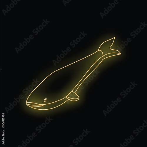 Golden fish neon sign swimming on black background, glowing aquatic animal symbol