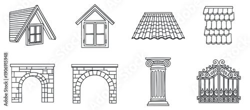 A collection of various plates and dishes in outline minimalist vector style, ideal for restaurant and kitchen design