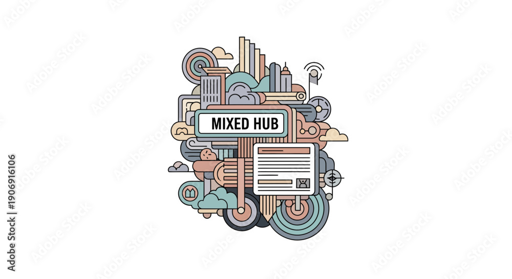 Obraz premium Intricate Mixed Hub Illustration Showcasing Modern Urban Design and Connectivity.