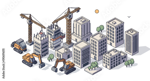 Isometric city construction scene with cranes and buildings under development urban landscape.