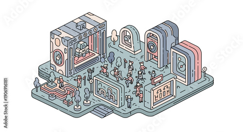 Isometric illustration of a futuristic museum showcasing art and architecture with people.