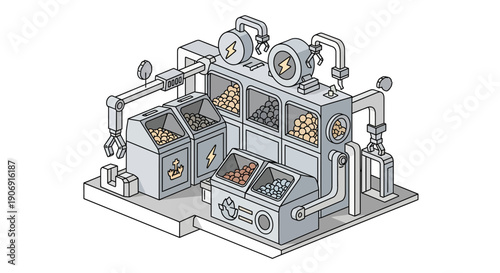 Isometric illustration of a food processing and packaging industrial machine.