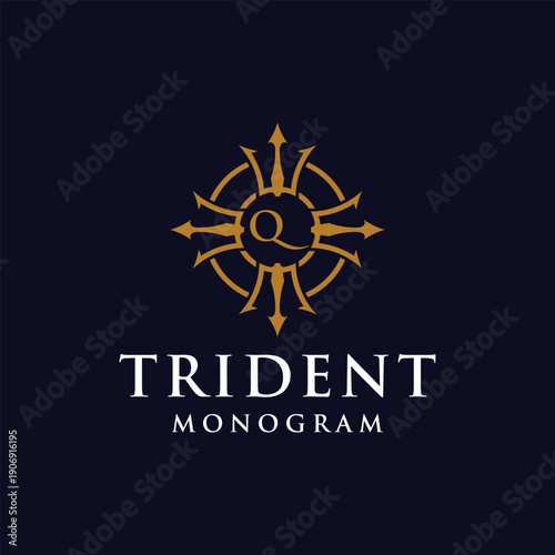 Initial Letter  Q Circular Trident Neptune God Poseidon King Logo Design Vector Template